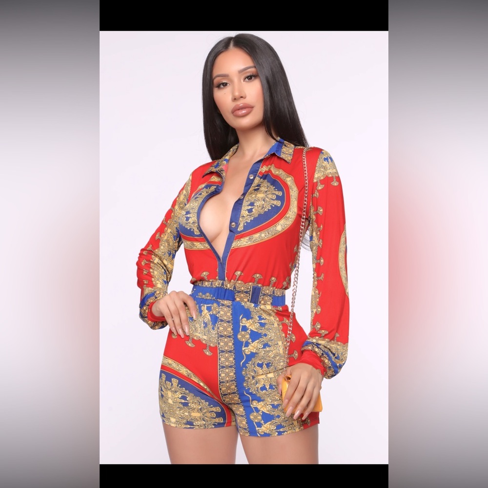 Fashion Nova Pure Royalty Romper, Size XL, Red/combo